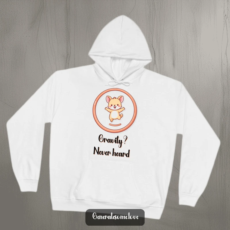 Funny tiny animal character mid-leap through a heart-shaped hoop, printed on a warm hoodie, radiating happiness and fun.