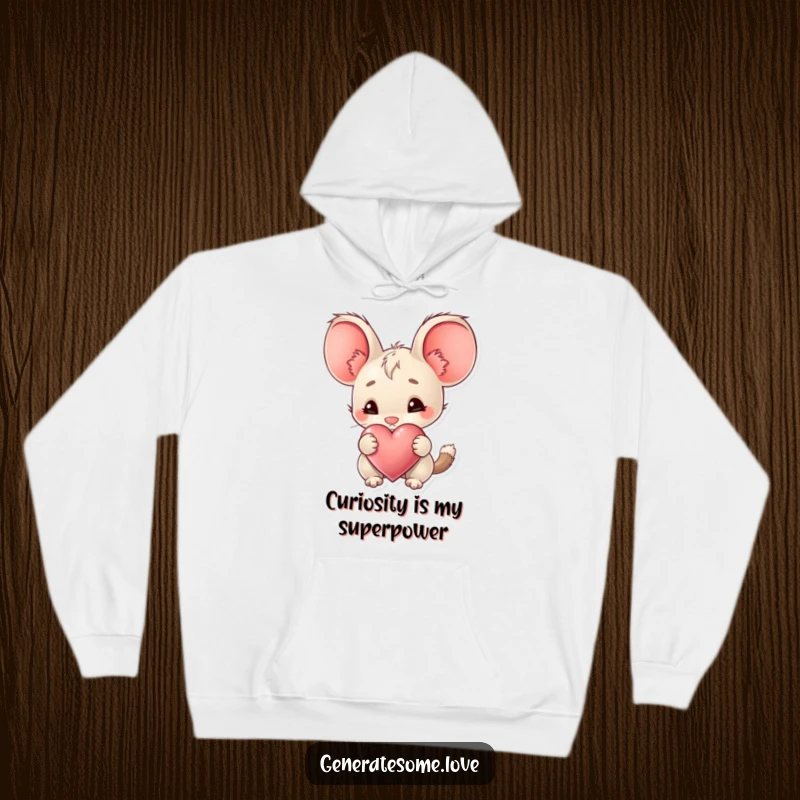 Funny Hoodie showcasing a creature with large ears curiously sniffing a heart, embodying warmth, interest, and gentle exploration.