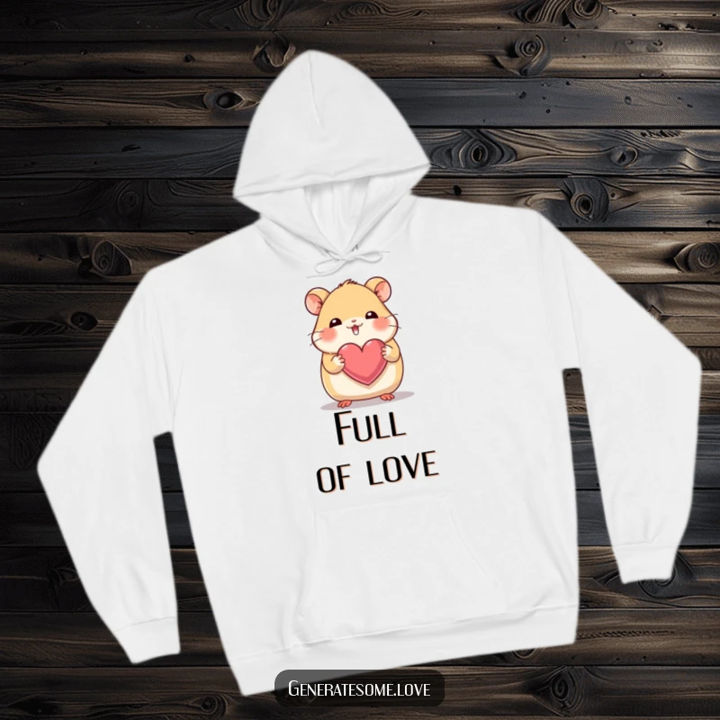 Funny, cozy hoodie with a giggling hamster character holding a heart with its tiny paws, perfect for cuddles.