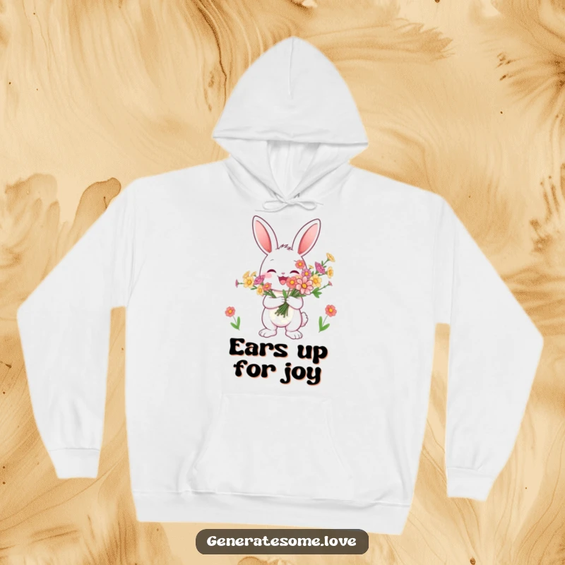 Funny bunny hoodie smiling and presenting flowers, perfect for cozy, happy days, excellent gift idea.