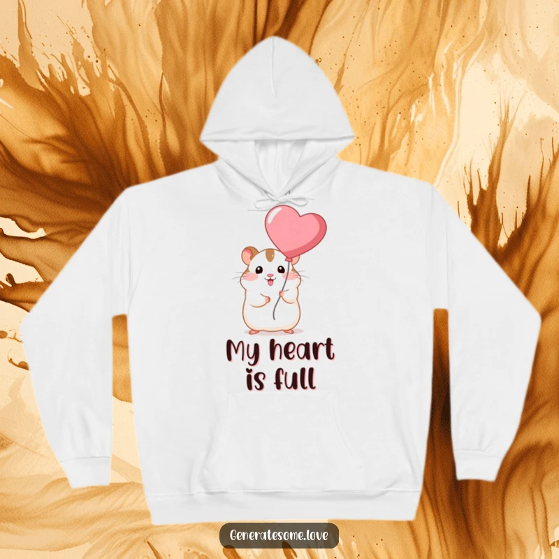 Funny chubby hamster character holding a large red heart balloon, embodying warmth and affection on a soft hoodie.