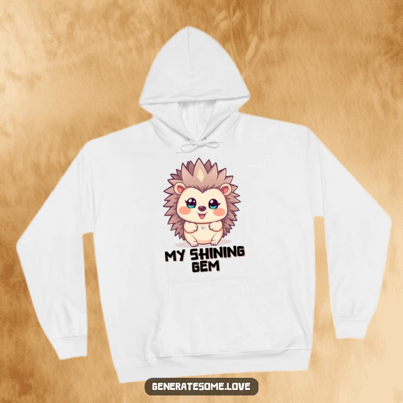 Funny happy hedgehog character offering a small, sparkling gem on a soft and cozy hoodie.