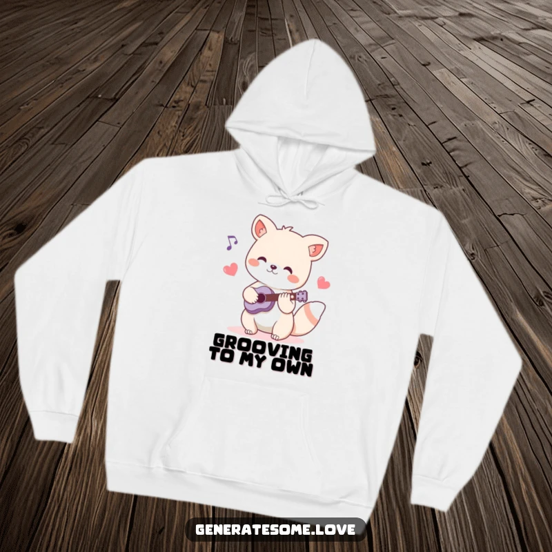Funny hoodie featuring a charming animal musician character playing a tune, with heart-shaped musical notes drifting around, offering cozy comfort.