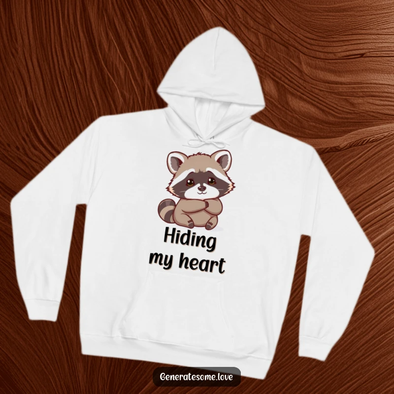 Funny curious raccoon peeking from behind a heart, with a hint of playful curiosity, on a cozy hoodie.