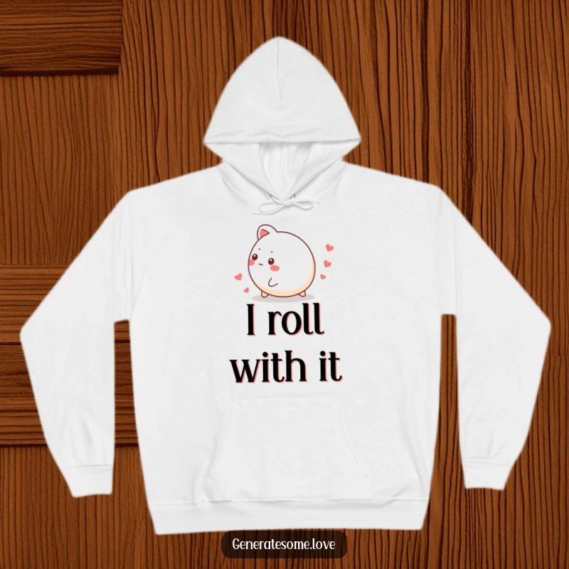 Funny hoodie illustrating a small, spherical animal character joyfully rolling, scattering tiny hearts, ideal for a snuggly and hilarious experience.