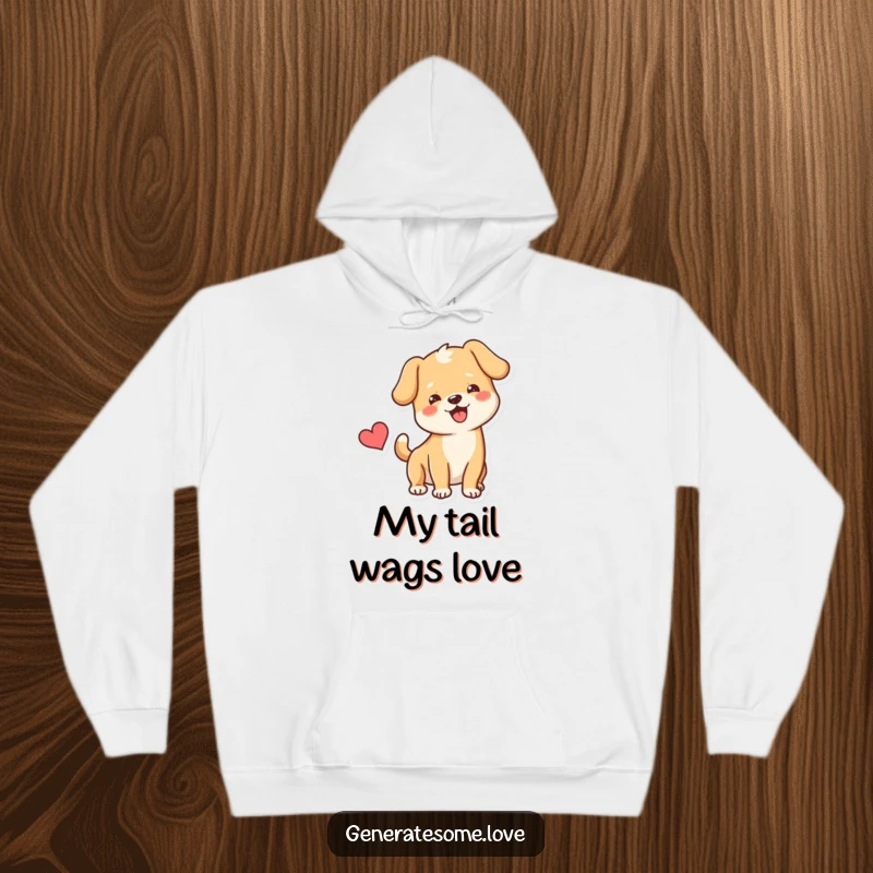 Funny Hoodie featuring a happy dog character wagging its tail enthusiastically beside a prominent heart, radiating warmth and affection.