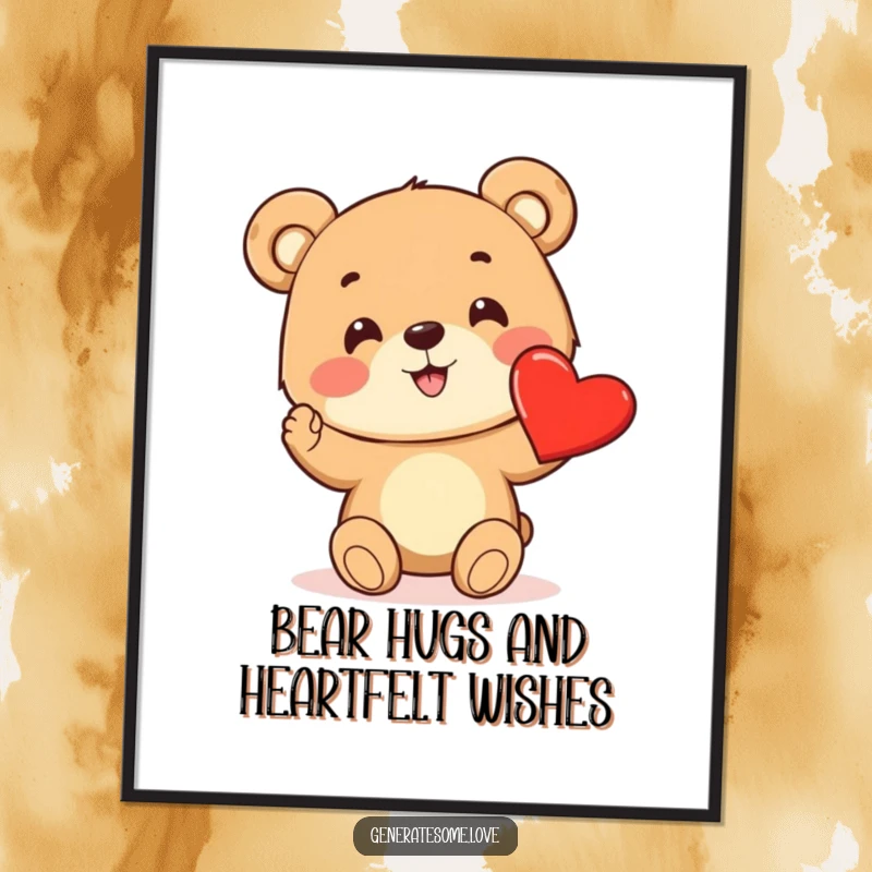 Funny Free Printable Wall Art: An adorable bear cub joyfully presenting a large, bright red heart with love.