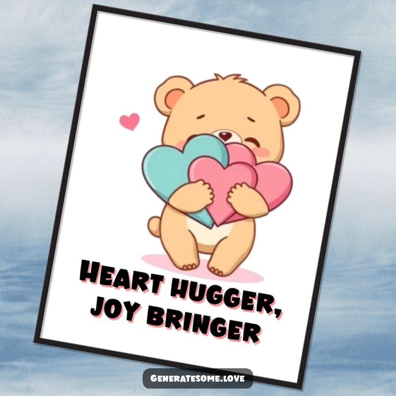 Funny Free Printable Bear Hug Wall Art: Playful cub hugging hearts, cute animal decor, print at home.