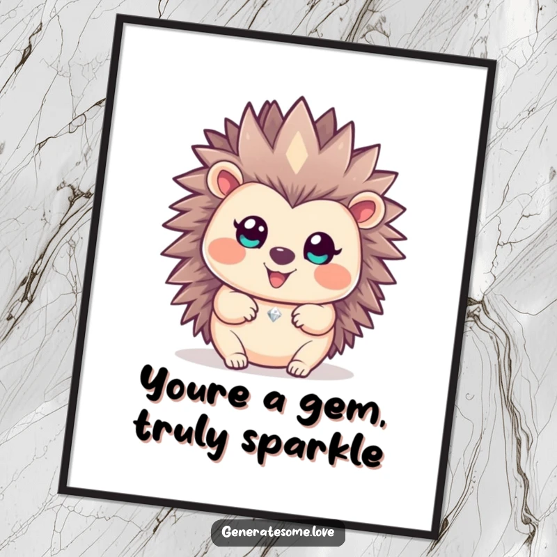 Funny Free Printable Wall Art: Happy hedgehog presents a single, tiny, sparkling gem, bringing a touch of whimsical charm and humor.