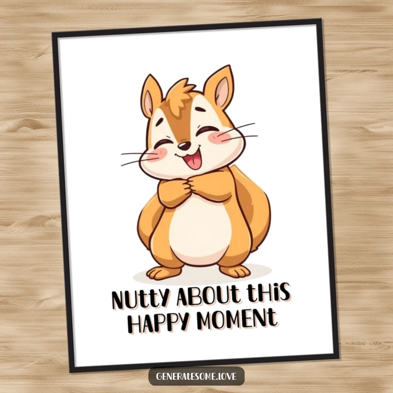 Funny Free Printable Wall Art: Energetic squirrel strikes a joyful pose, mid-hug, radiating happiness and bringing a cheerful vibe.