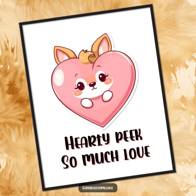 Funny Free Printable Wall Art: A curious animal peeking from behind a giant heart, full of wonder.