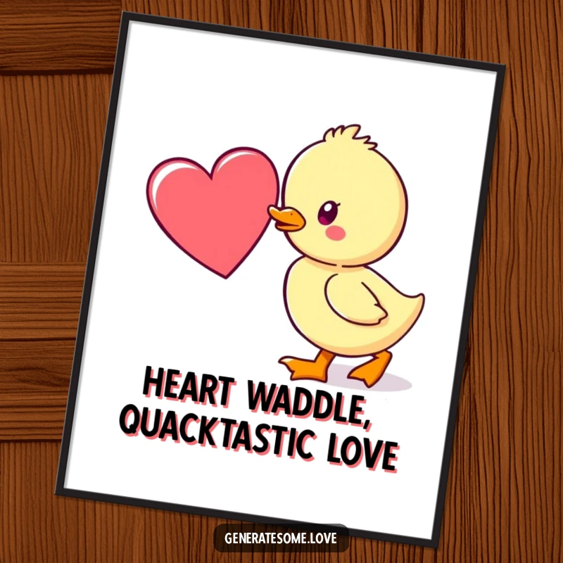 Cute Free Printable Wall Art: A kawaii duckling character waddling with purpose towards a large, inviting heart shape.