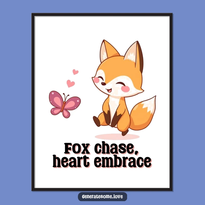 Free Printable Wall Art: Fox Chasing Heart Butterfly, Whimsical & Funny Downloadable Decor