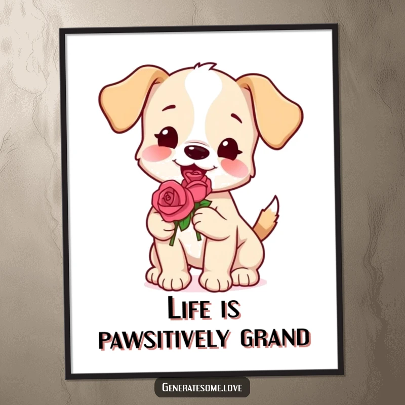 Funny Free Printable Wall Art: An illustration of a happy puppy wagging its tail, holding a single red rose.