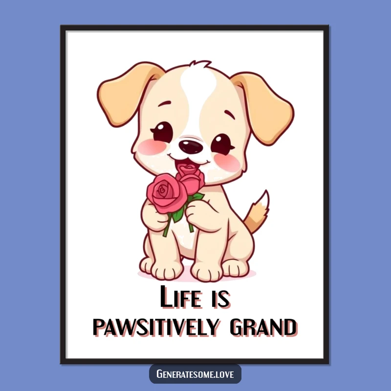 Free Printable Wall Art: Playful Puppy with Rose, Funny Downloadable Decor Gift