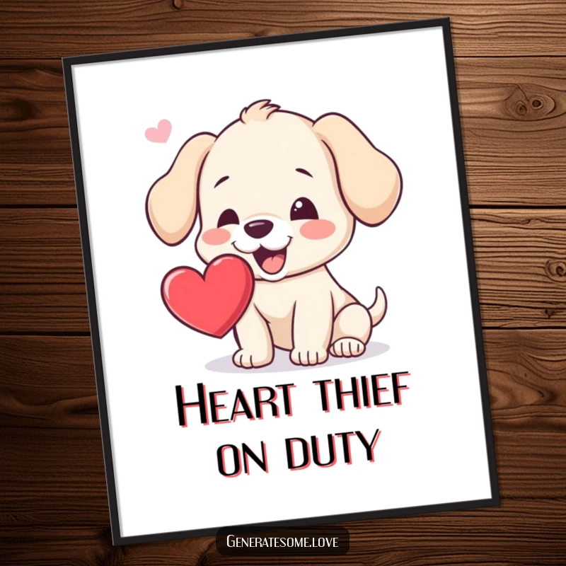 Funny Free Printable Wall Art of a cheerful puppy enthusiastically trying to catch a floating heart with its mouth.