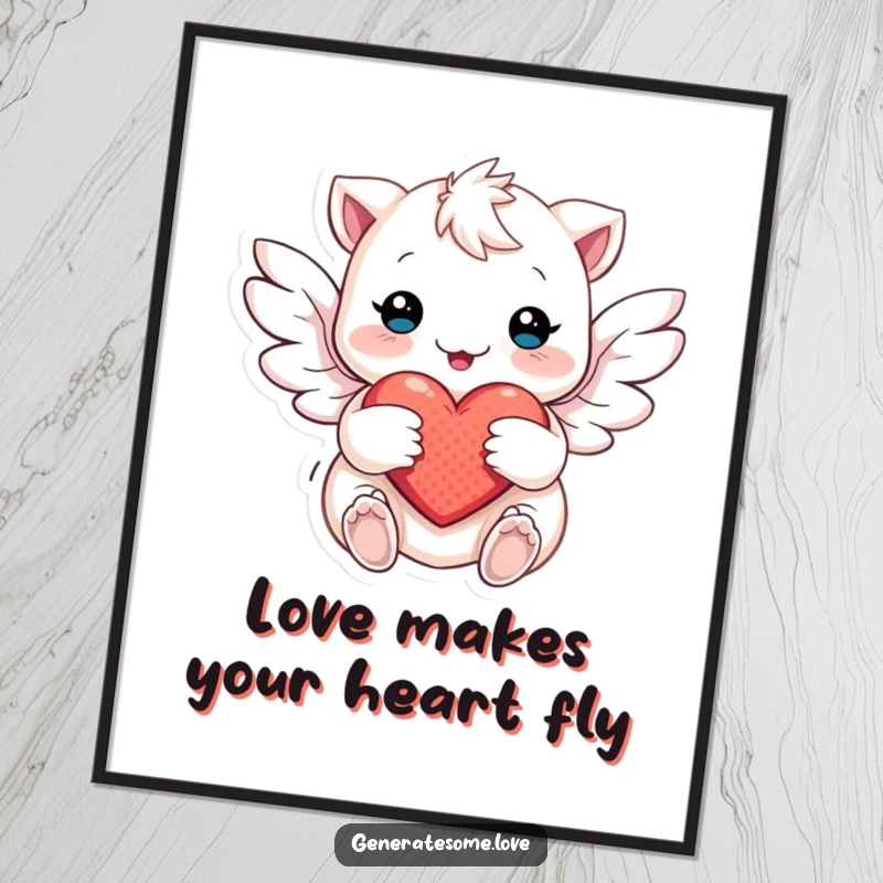 Free Printable Wall Art: Creature with soft, ethereal wings flutters around a heart, creating a symbol of love and gentle beauty.