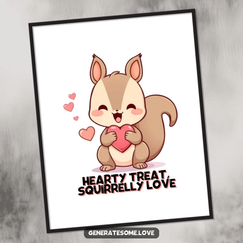 Cute Free Printable Wall Art: A kawaii squirrel character joyfully holding a heart-shaped treat, looking content and happy.