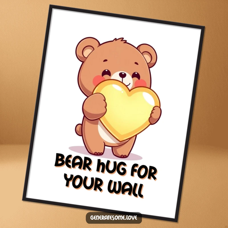Funny Free Printable Wall Art: Kawaii bear character joyfully presents a giant, luminous heart, radiating love.
