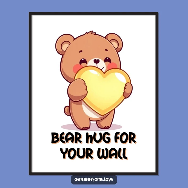 Funny Free Printable Wall Art: Kawaii Bear's Giant Heart, Downloadable Decor