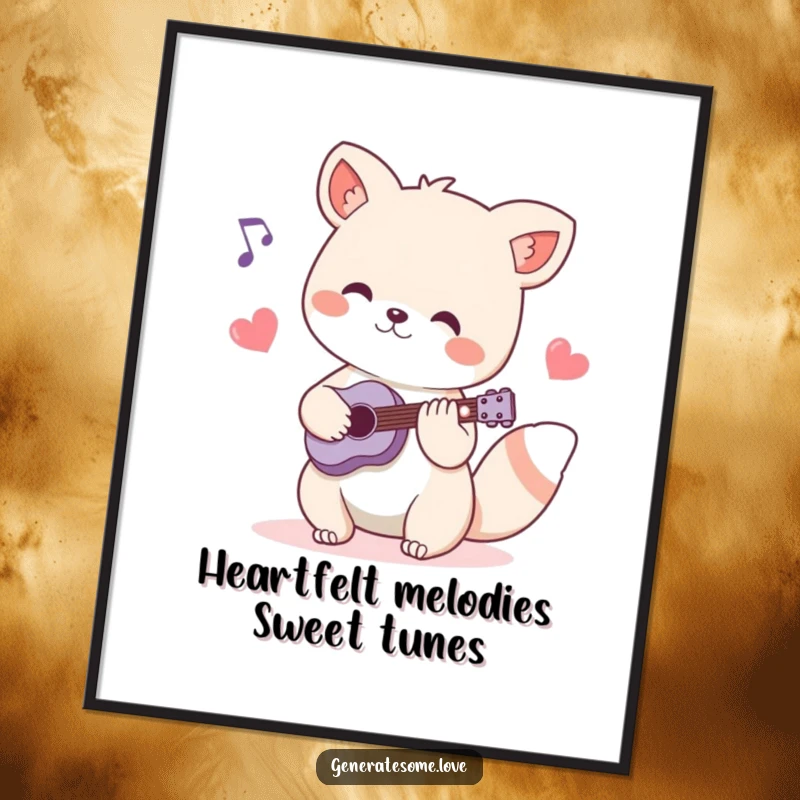 Funny Free Printable Wall Art: Charming animal playing music, with heart-shaped notes, creating a whimsical melody.