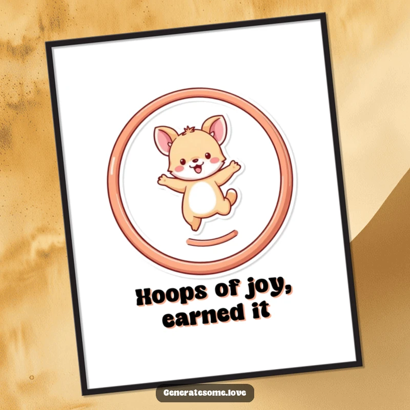 Funny Free Printable Wall Art: A tiny animal character joyfully leaps through a heart-shaped hoop, creating a whimsical scene.