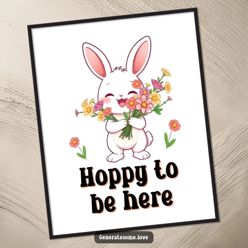 Funny Free Printable Wall Art: An illustration of a happy bunny holding a beautiful bouquet of colorful flowers.