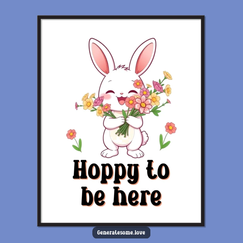 Free Printable Wall Art: Cheerful Bunny with Flowers, Funny Downloadable Decor Gift