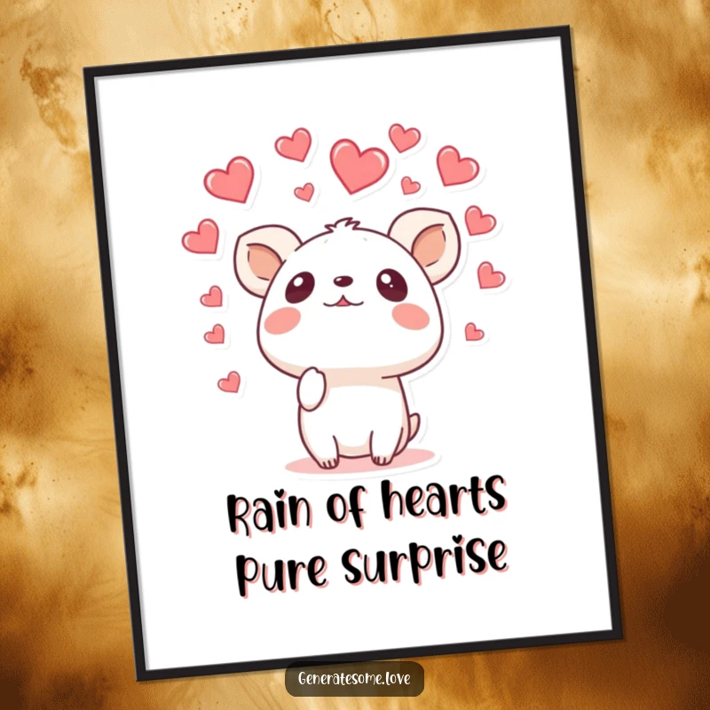 Funny Free Printable Wall Art: A surprised animal looking up as a delightful shower of hearts rains down.