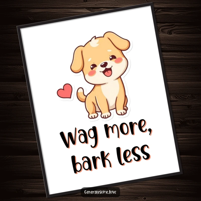 Funny Free Printable Wall Art: Happy dog character wags its tail enthusiastically, with a heart nearby, creating a warm and joyful scene.