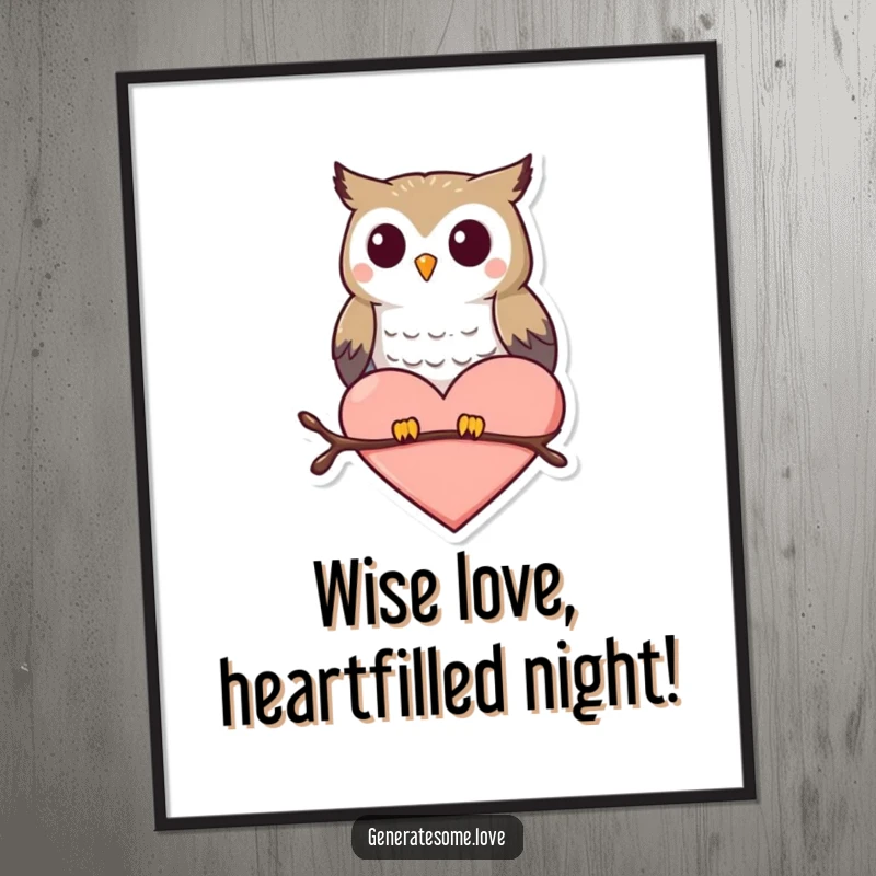 Funny Free Printable Wall Art: A small owl character happily perches atop a red heart shape, exuding joy.