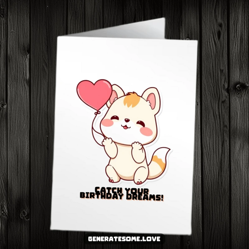 Funny Free Printable Birthday Card: Playful animal character deftly catches a floating heart with its paws, celebrating your big day.
