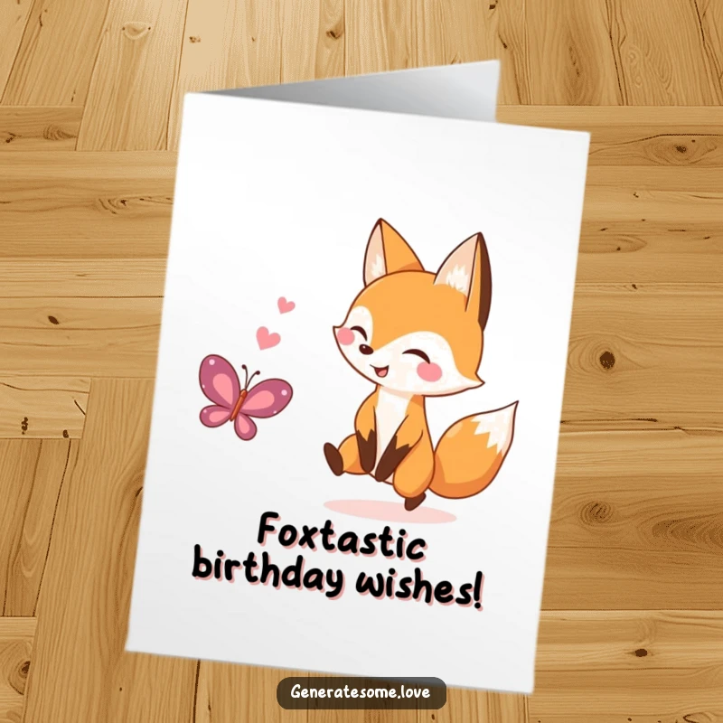 Funny Free Printable Birthday Card: A cheerful kawaii fox playfully chasing a delicate heart-shaped butterfly with a determined gleam.