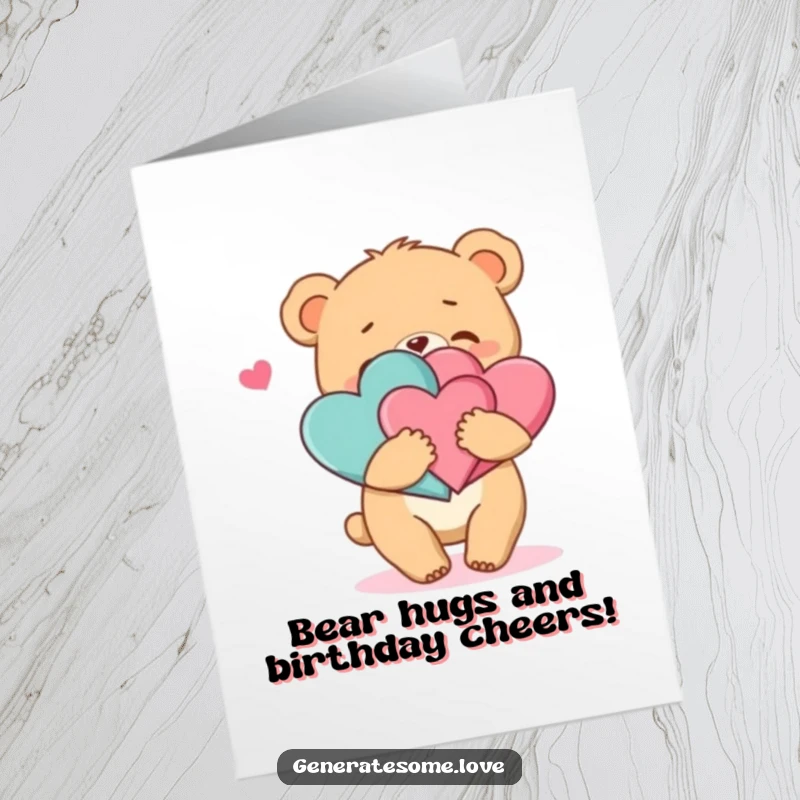 Funny Free Printable Bear Hug Birthday Card: Playful cub hugging hearts, spreading birthday cheer, print at home.
