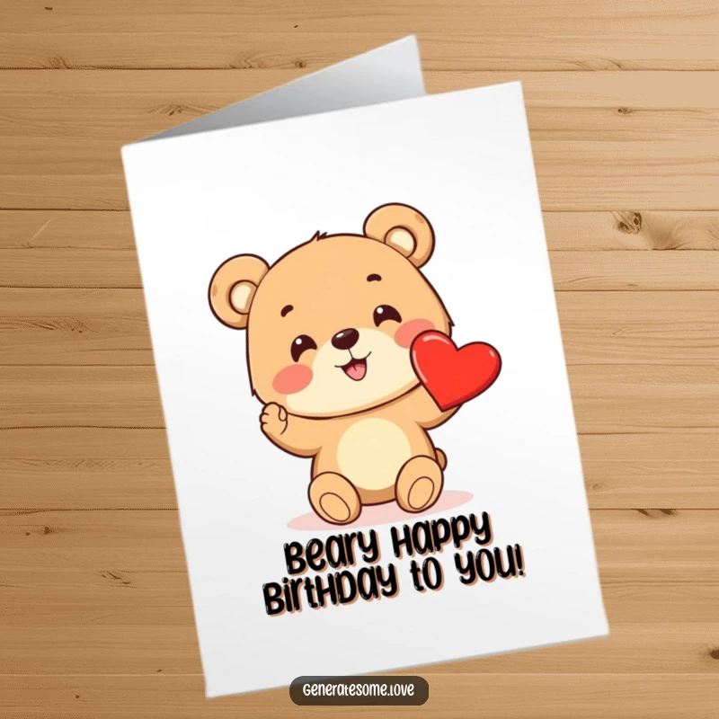Funny Free Printable Birthday Card: Cheerful bear cub excitedly offering a big, bright red heart with love.
