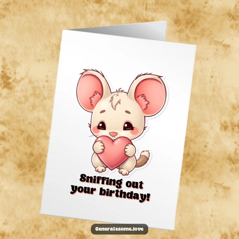 Free Printable Birthday Card: Creature with big ears curiously sniffs a heart, exploring birthday love with inquisitive charm.