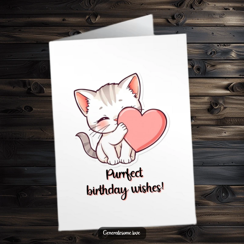 Funny Free Printable Birthday Card: A sweet kitten nuzzling affectionately against a big red heart.