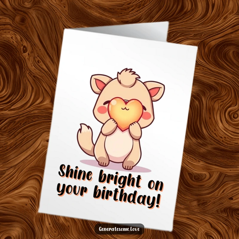 Funny Free Printable Birthday Card: Hopeful animal holding a brightly glowing heart up high, radiating warmth.