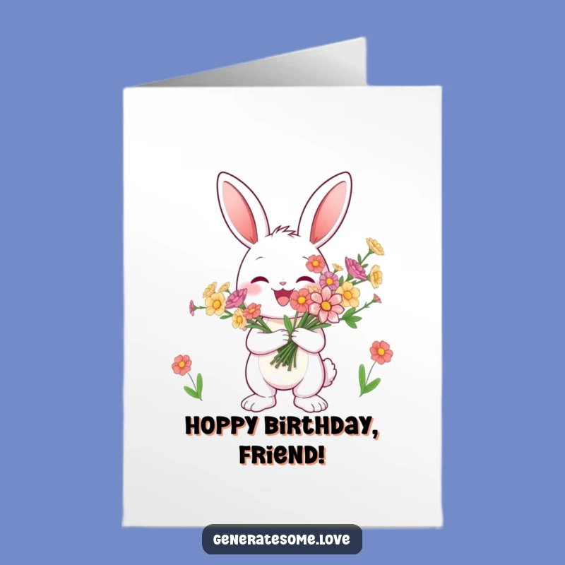 Free Printable Birthday Card: Joyful Bunny with Flowers, Perfect Downloadable Gift