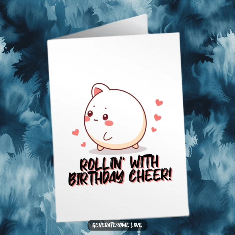 Funny Free Printable Birthday Card featuring a cute, round animal rolling joyfully and leaving a trail of little hearts.