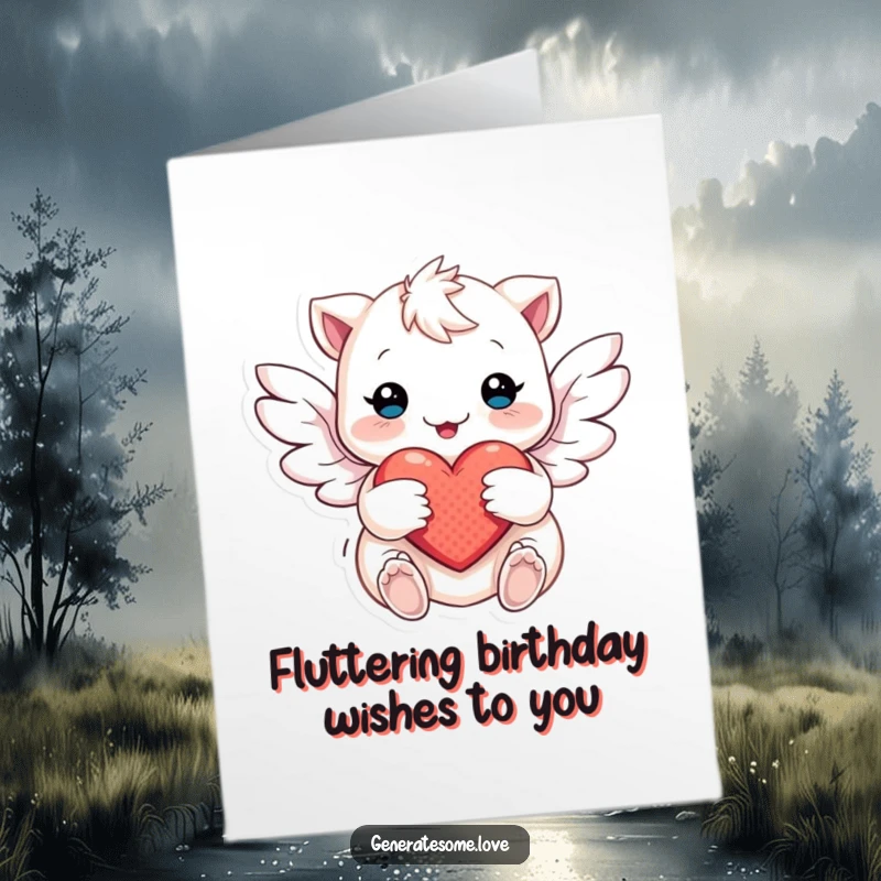 Free Printable Birthday Card: Creature with soft wings gently flutters around a heart, conveying warm birthday wishes and affection.