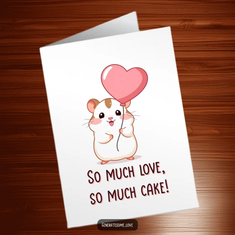 Funny Free Printable Birthday Card: Chubby hamster joyfully holds a giant heart balloon above his head, ready for a birthday surprise.