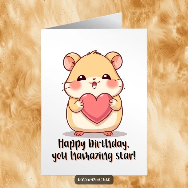 Funny Free Printable Birthday Card: A giggling hamster character holds a heart with tiny paws, celebrating a happy birthday.
