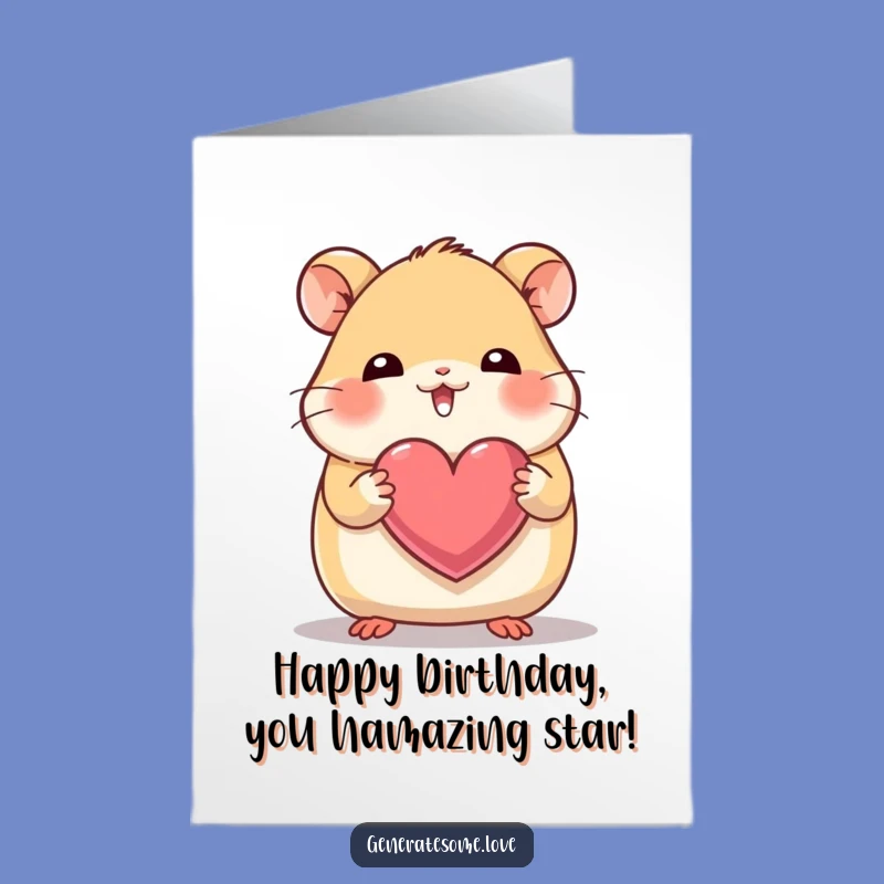 Free Printable Birthday Card: Giggling Hamster with Heart, Cute Downloadable Gift for Joyful Wishes