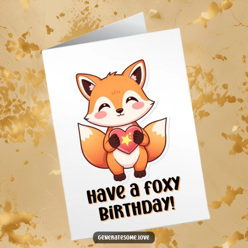 Funny Free Printable Birthday Card: A delighted fox presenting a sparkly, glowing heart for a birthday.