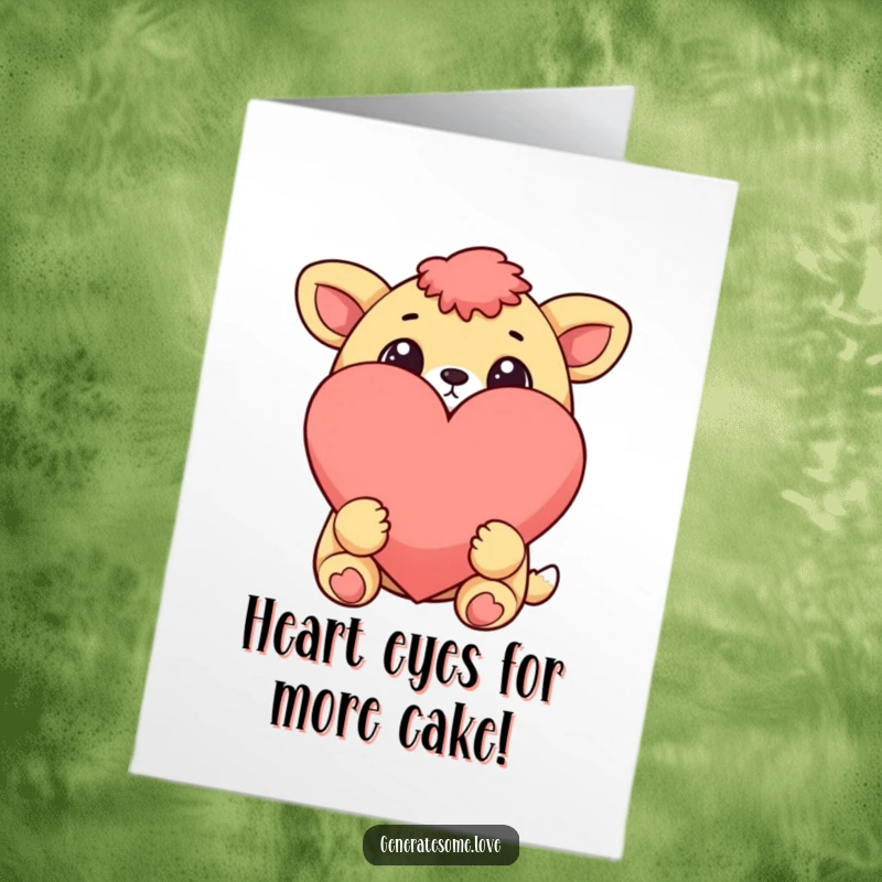 Funny Free Printable Birthday Card: Cheerful animal with wide eyes gazes lovingly at a giant heart, full of birthday wishes.