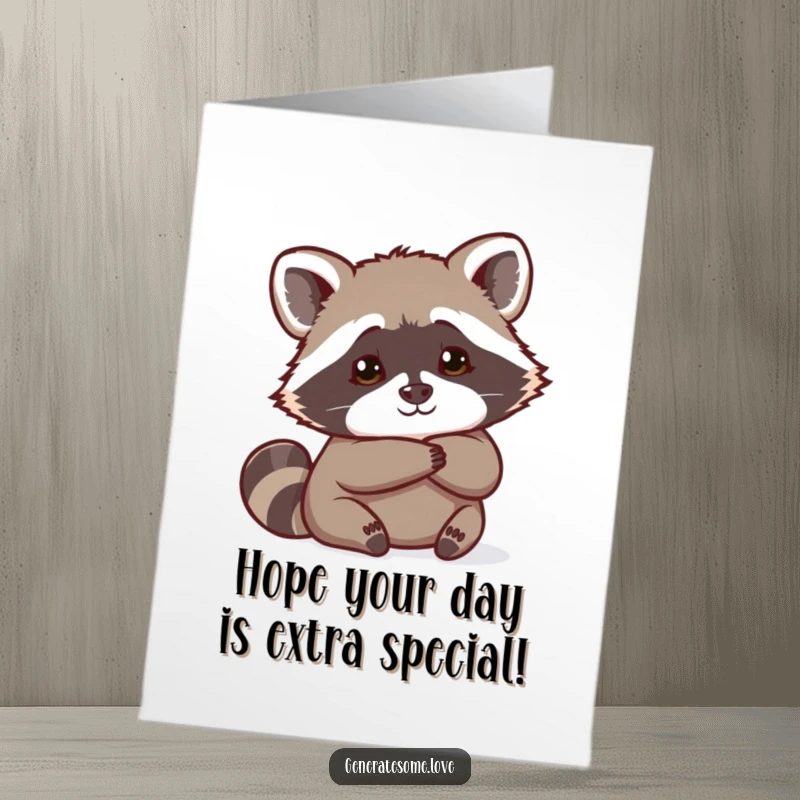 Funny Free Printable Birthday Card: Curious raccoon peeks playfully from behind a large heart, offering a mischievous birthday wish.