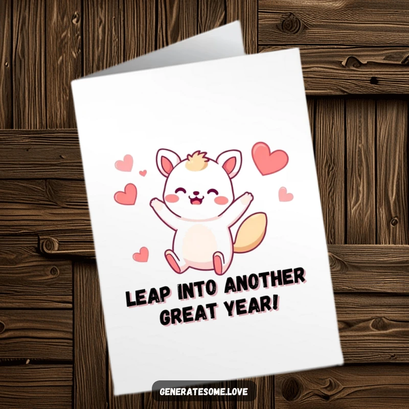 Funny Free Printable Birthday Card: Whimsical animal mid-air jump, showering hearts, conveying pure birthday excitement.