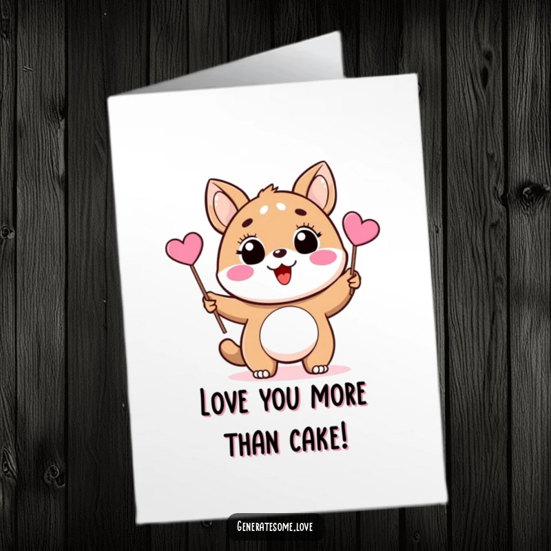 Funny Free Printable Birthday Card featuring a cheerful animal character joyfully waving a small pink heart flag, perfect for a delightful celebration.