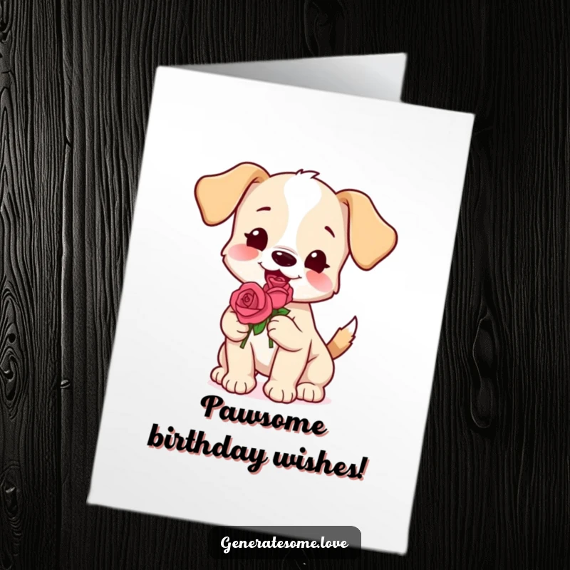Funny Free Printable Birthday Card: A happy puppy wagging its tail and holding a single red rose.
